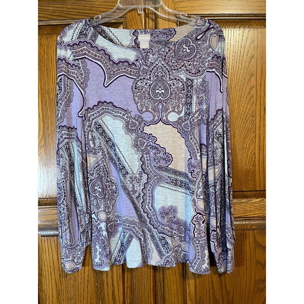 Chico’s Purple Paisley Patchwork Balloon Sleeve Top Blouse Sz 1 Medium